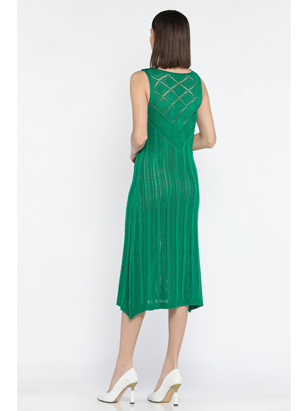 Yeşil Örme Detaylı V Yaka Kadın Triko Elbise( İçlikle Giyilmesi Önerilir)-2
