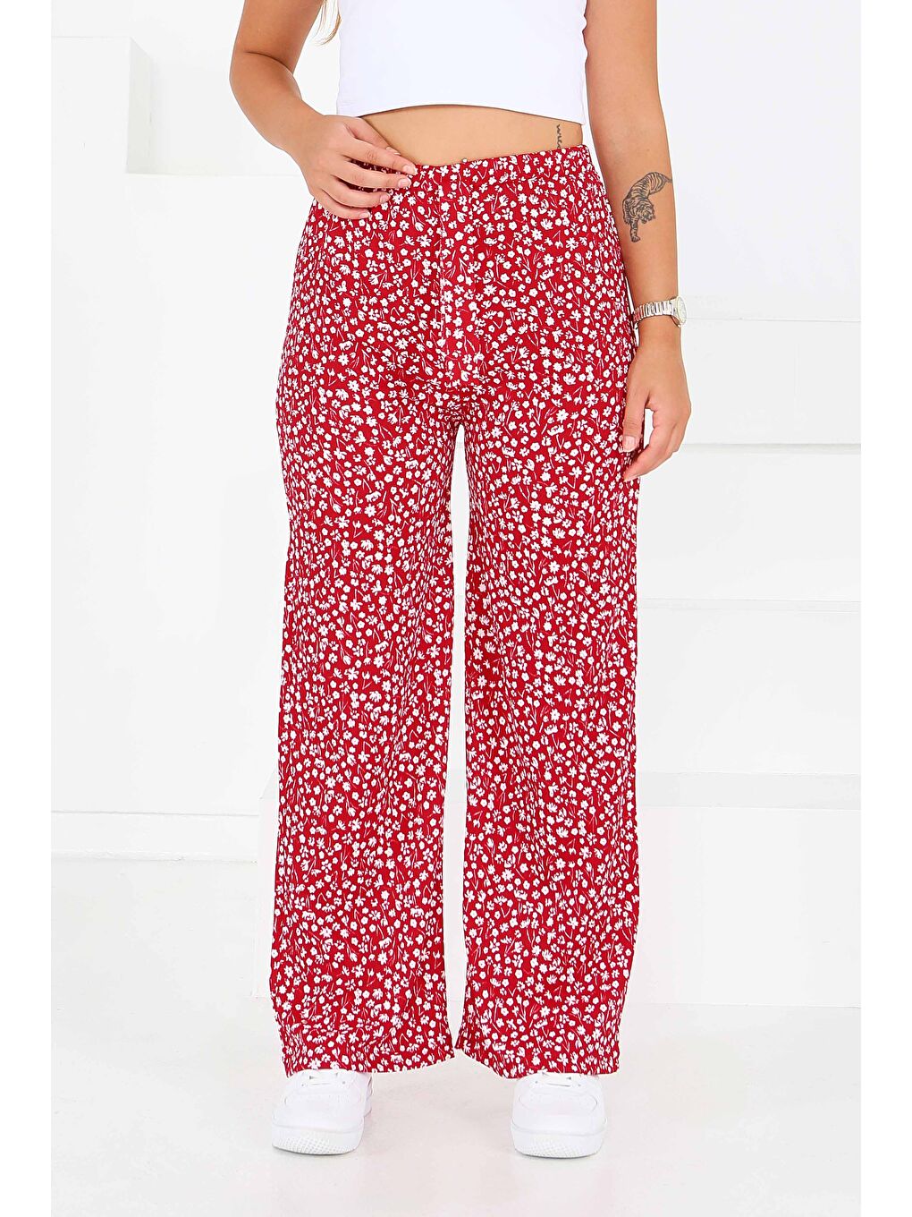 Kırmızı Desenli Beli Lastikli Bürümcük Pantolon Kirmizi - 27686-3