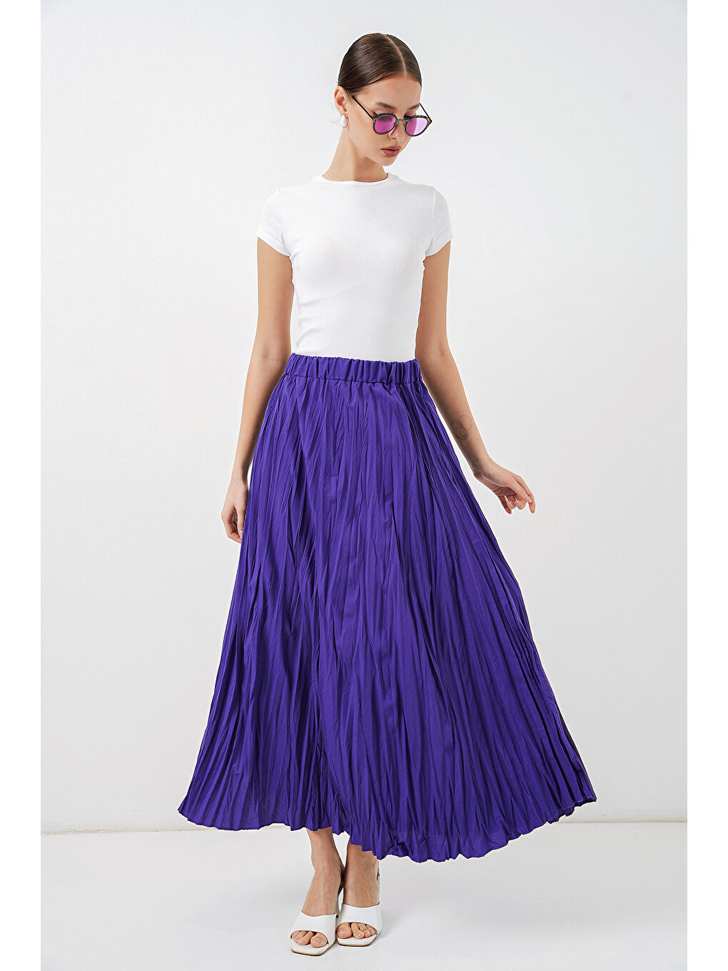 Kadın Uzun Kırışık Etek 8042 - Mor