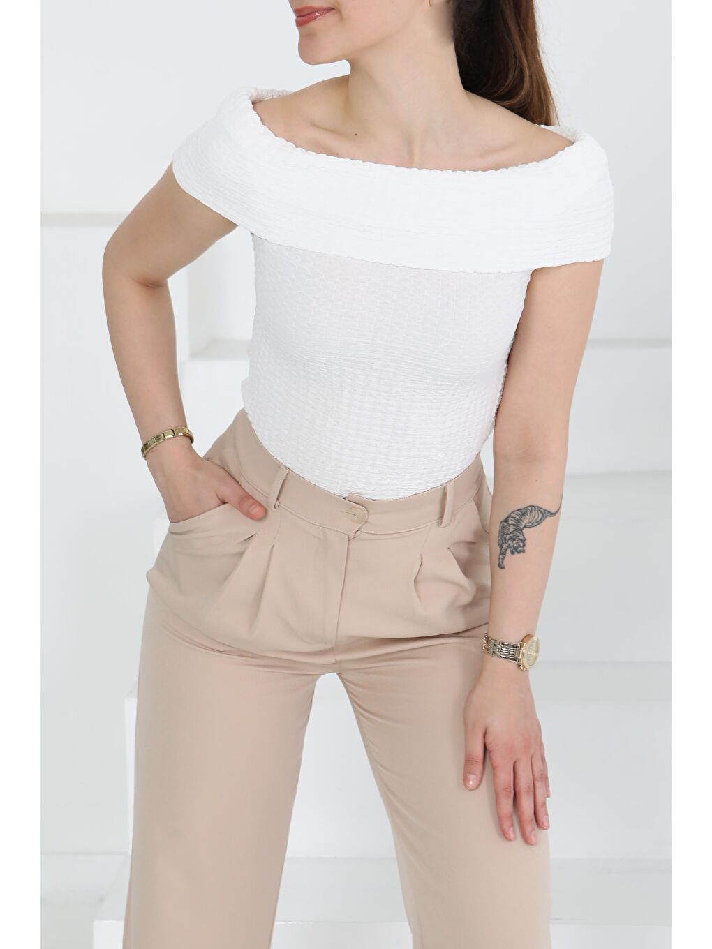 Buffle Kolsuz Madonna Bluz Beyaz - 27280