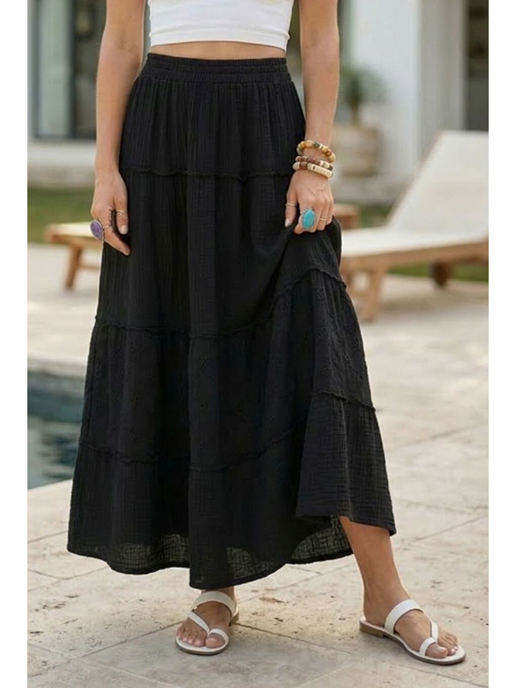 Siyah Eteği Fırfırlı Fistolu Kat Kat Casual Müslin Standart Dokuma Etek 94 65