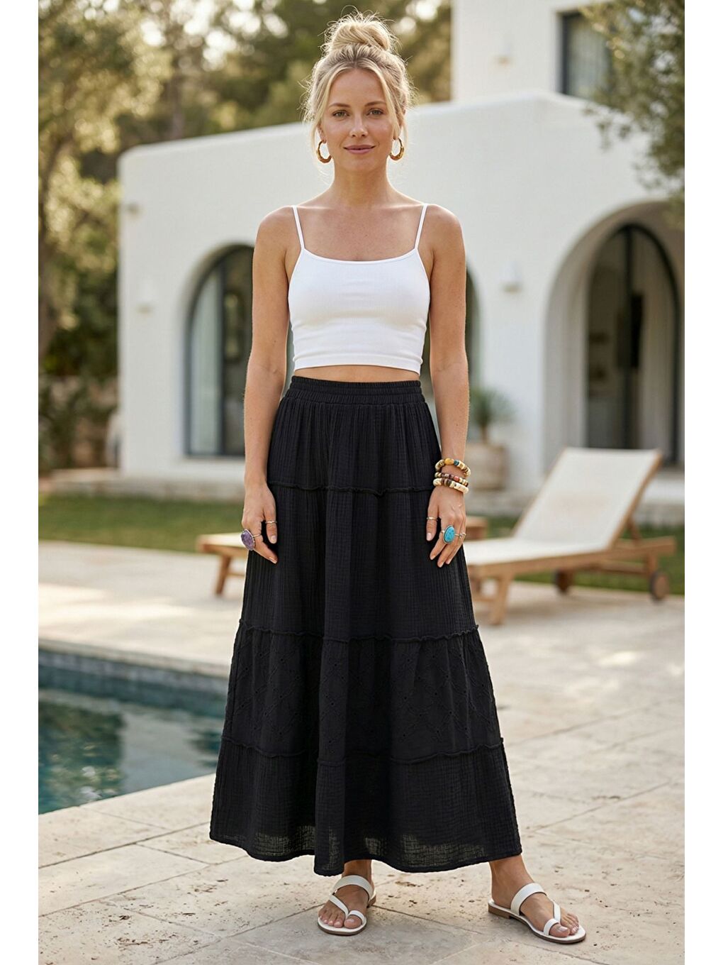 Siyah Eteği Fırfırlı Fistolu Kat Kat Casual Müslin Standart Dokuma Etek 94 65-1