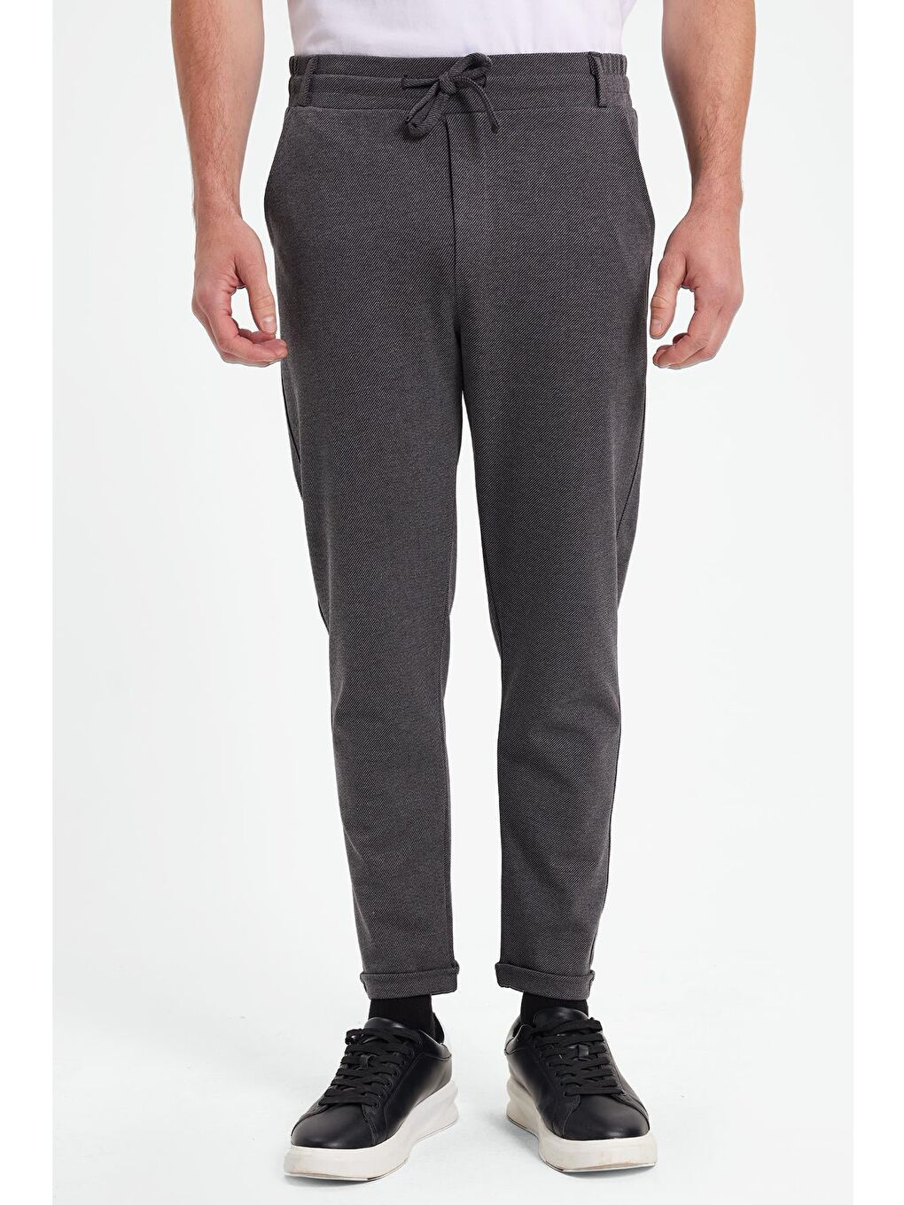 Erkek Slim Fit Pamuklu Beli Bağlamalı Yan Cepli Katlamalı Paça Jogger Gri Pantolon