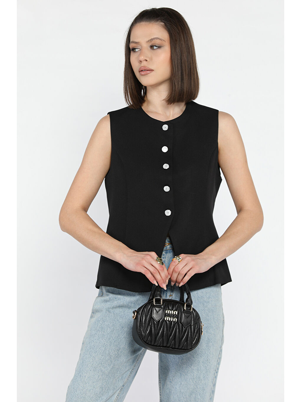 Siyah Bisiklet Yaka Astarlı Kadın Yelek-1