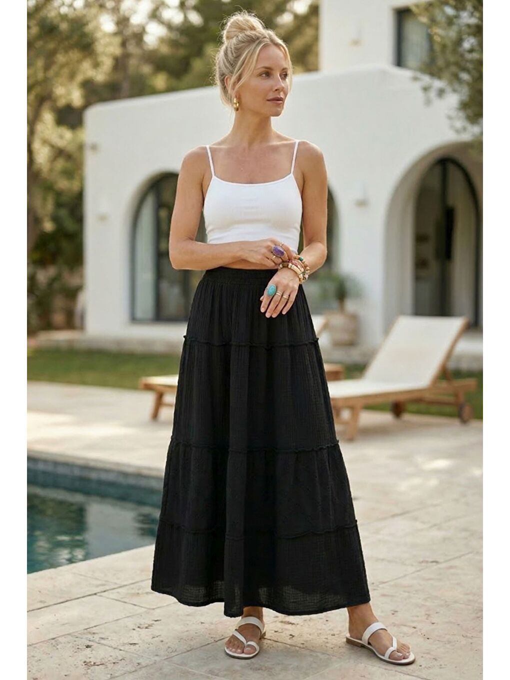 Siyah Eteği Fırfırlı Fistolu Kat Kat Casual Müslin Standart Dokuma Etek 94 65-3