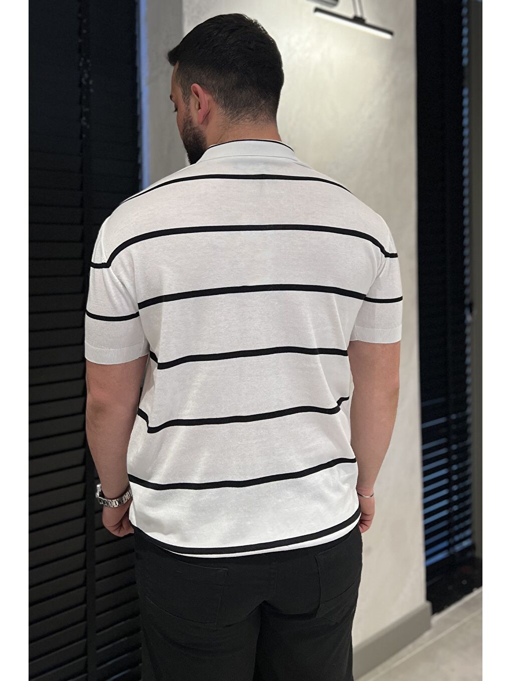 Beyaz Erkek Polo Yaka Çizgi Desenli Triko Tişört-2