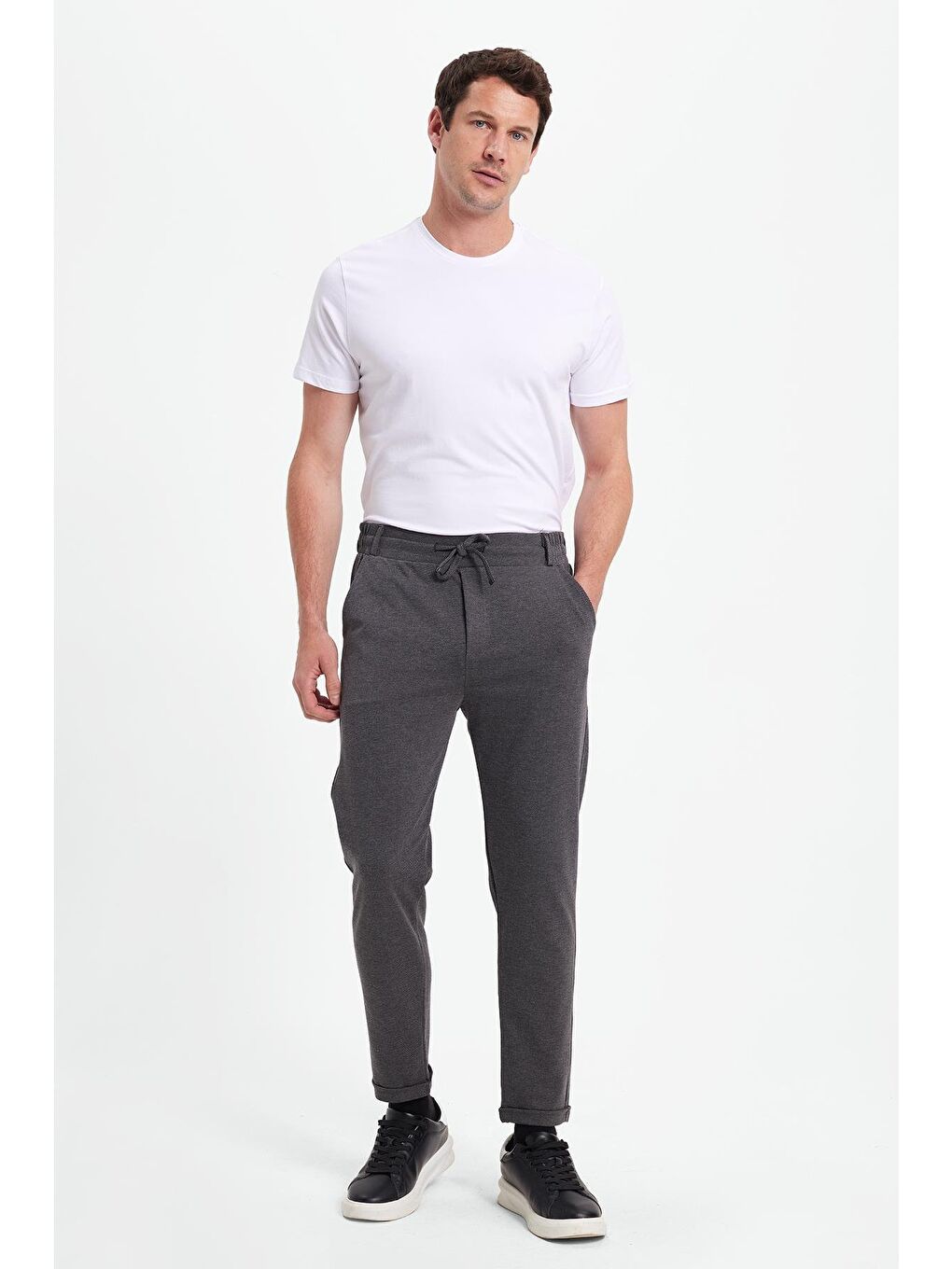 Erkek Slim Fit Pamuklu Beli Bağlamalı Yan Cepli Katlamalı Paça Jogger Gri Pantolon-1