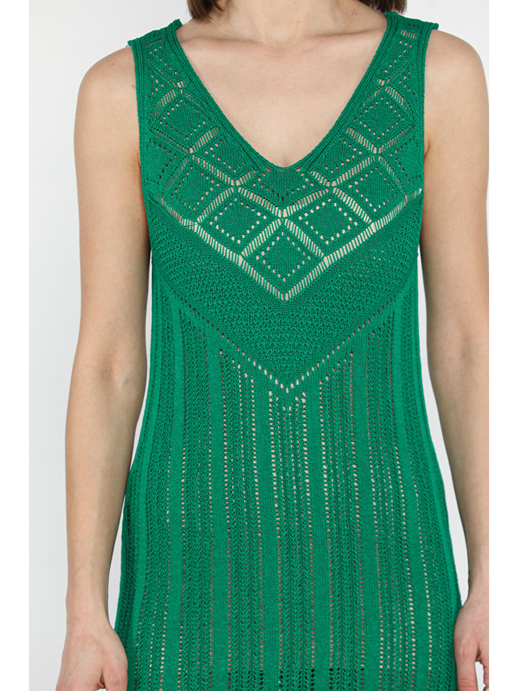 Yeşil Örme Detaylı V Yaka Kadın Triko Elbise( İçlikle Giyilmesi Önerilir)-3