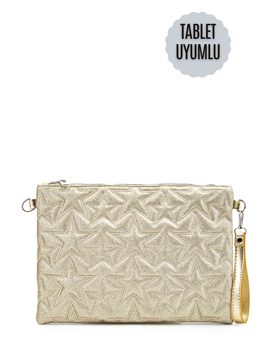 Pembe Tablet Boy Dikişli Clutch Star Kadın Yıldız Çapraz Çanta Tbstar Simli Gold-1