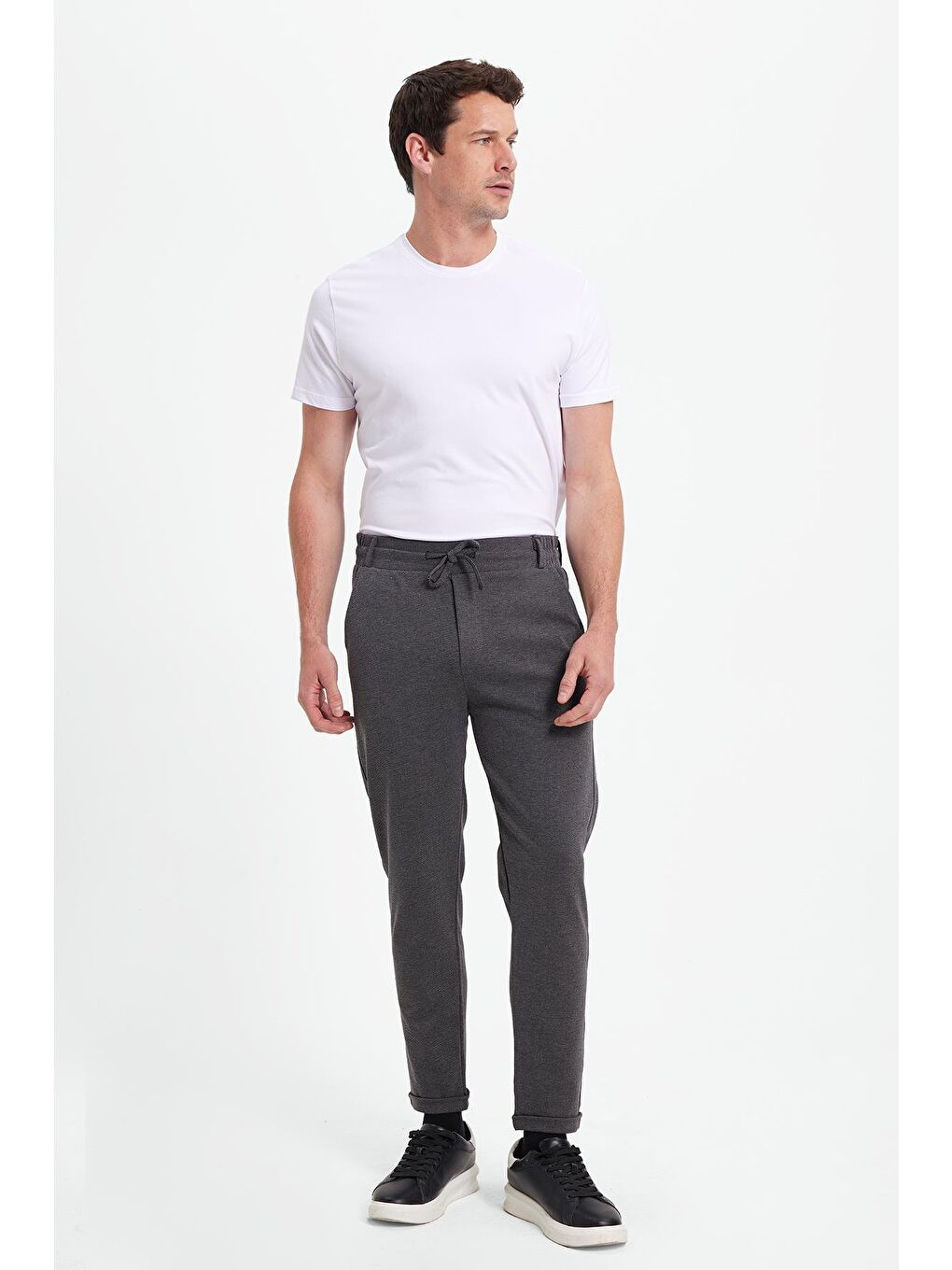 Erkek Slim Fit Pamuklu Beli Bağlamalı Yan Cepli Katlamalı Paça Jogger Gri Pantolon-2