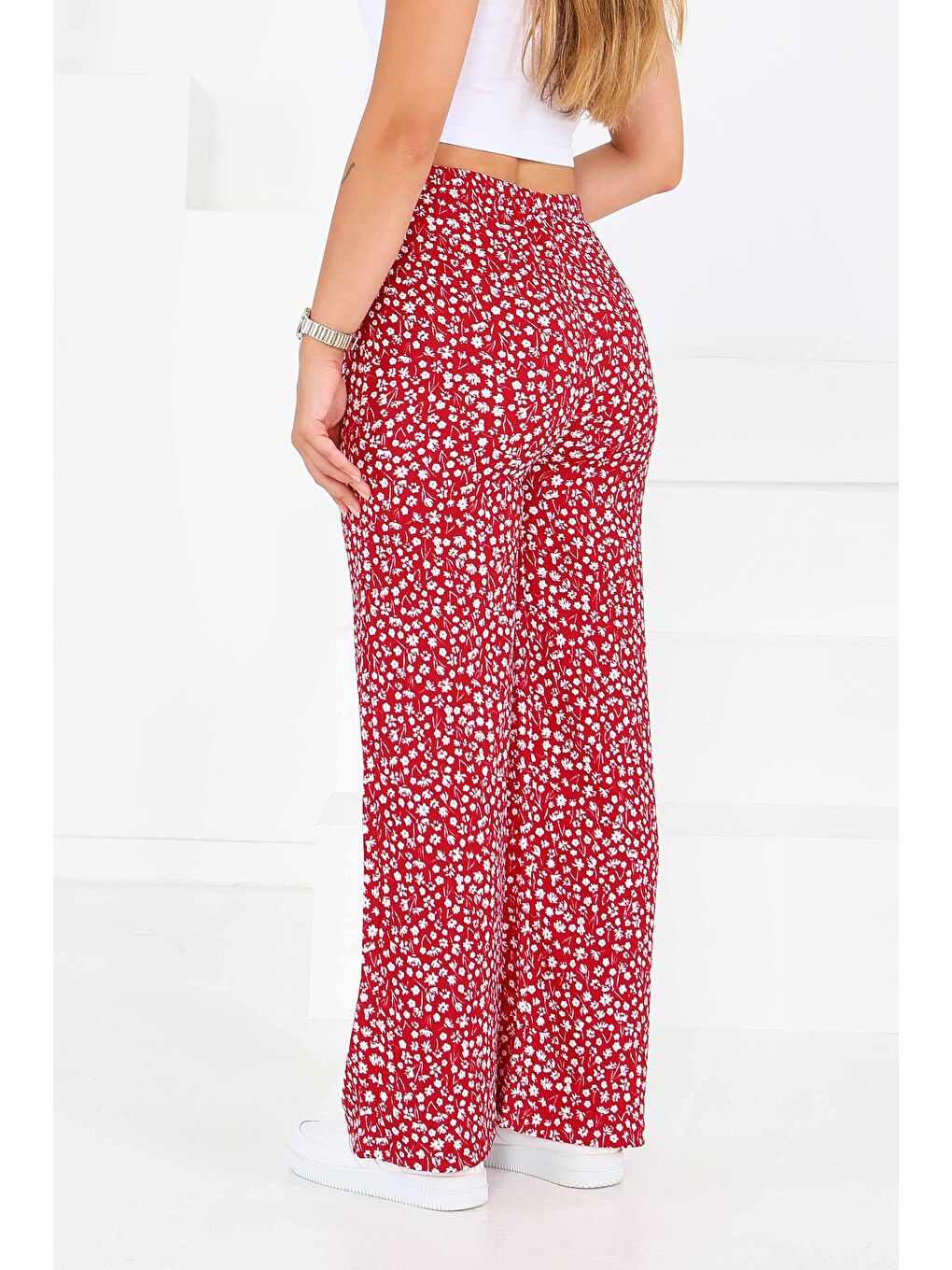 Kırmızı Desenli Beli Lastikli Bürümcük Pantolon Kirmizi - 27686-4