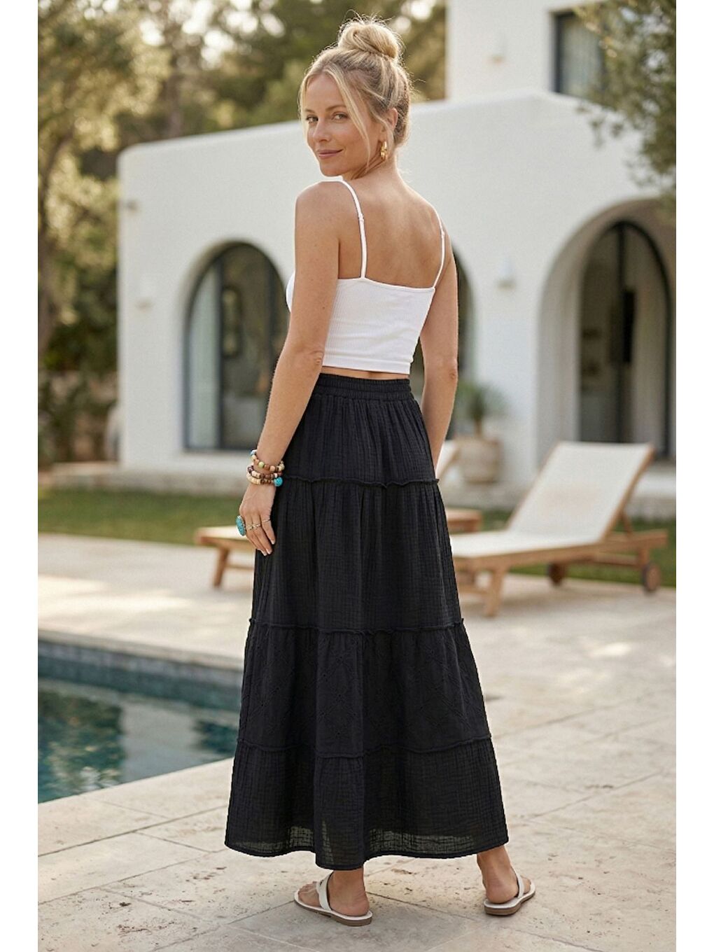 Siyah Eteği Fırfırlı Fistolu Kat Kat Casual Müslin Standart Dokuma Etek 94 65-6