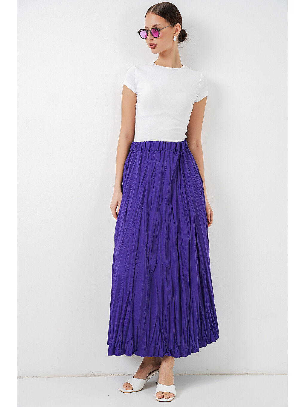 Kadın Uzun Kırışık Etek 8042 - Mor-2