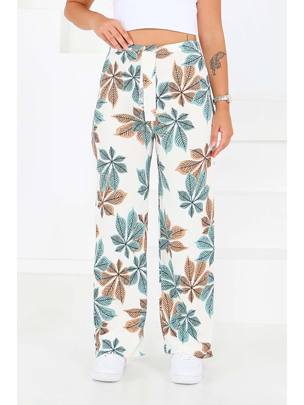 Yeşil Desenli Beli Lastikli Bürümcük Pantolon Mint - 27680-1