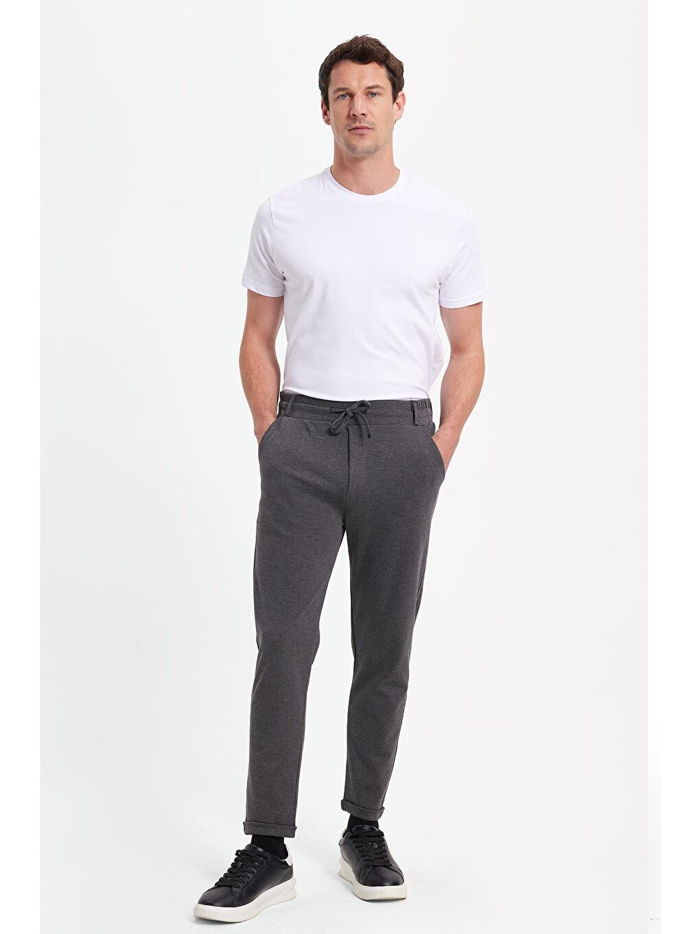Erkek Slim Fit Pamuklu Beli Bağlamalı Yan Cepli Katlamalı Paça Jogger Gri Pantolon-6