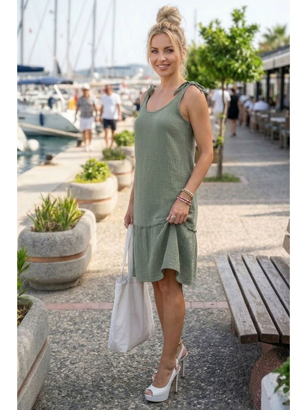Haki Askılı Eteği Fırfırlı Omuzdan Bağlamalı Casual Müslin Dokuma Elbise 95 50-2