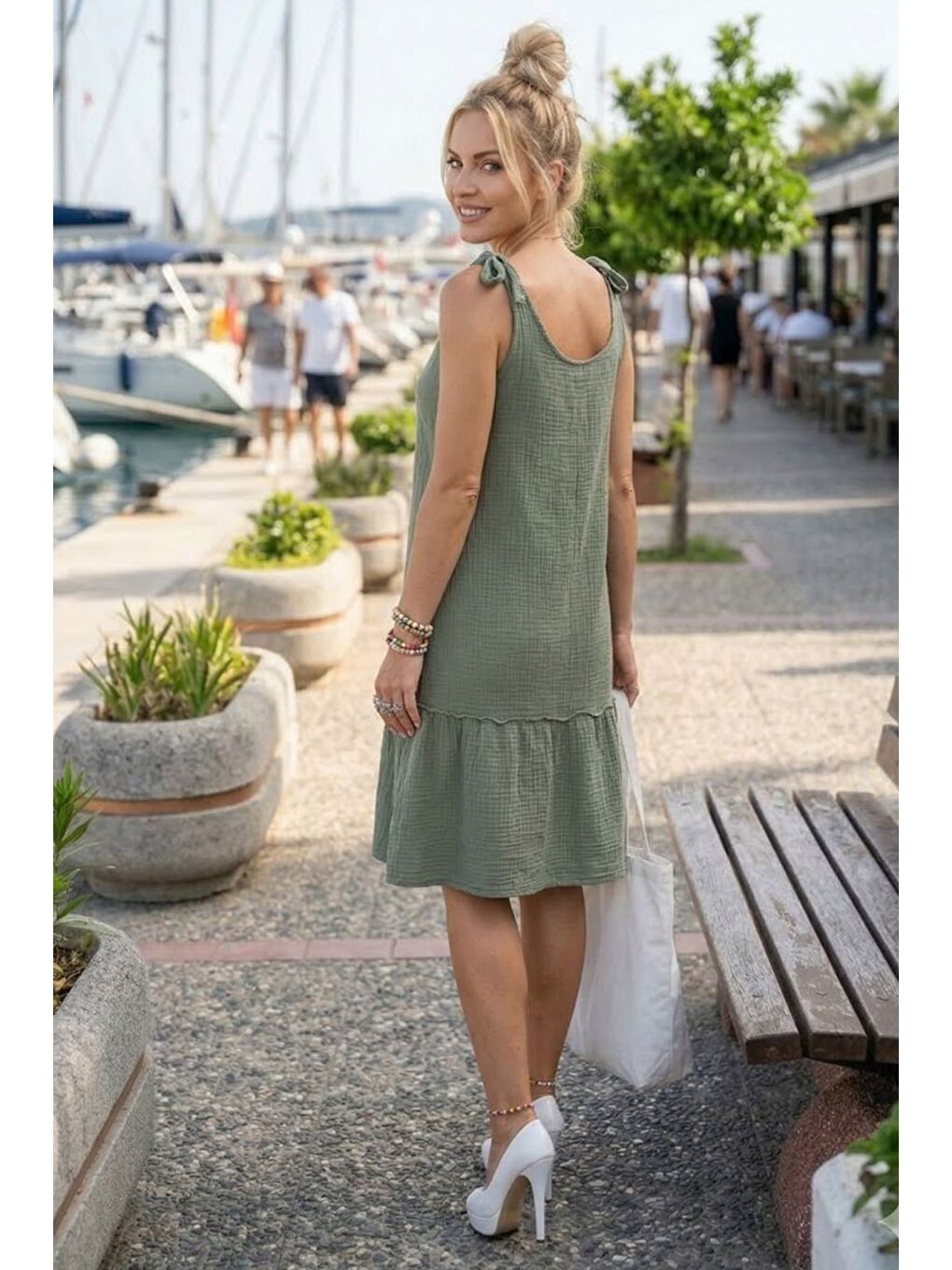 Haki Askılı Eteği Fırfırlı Omuzdan Bağlamalı Casual Müslin Dokuma Elbise 95 50-3