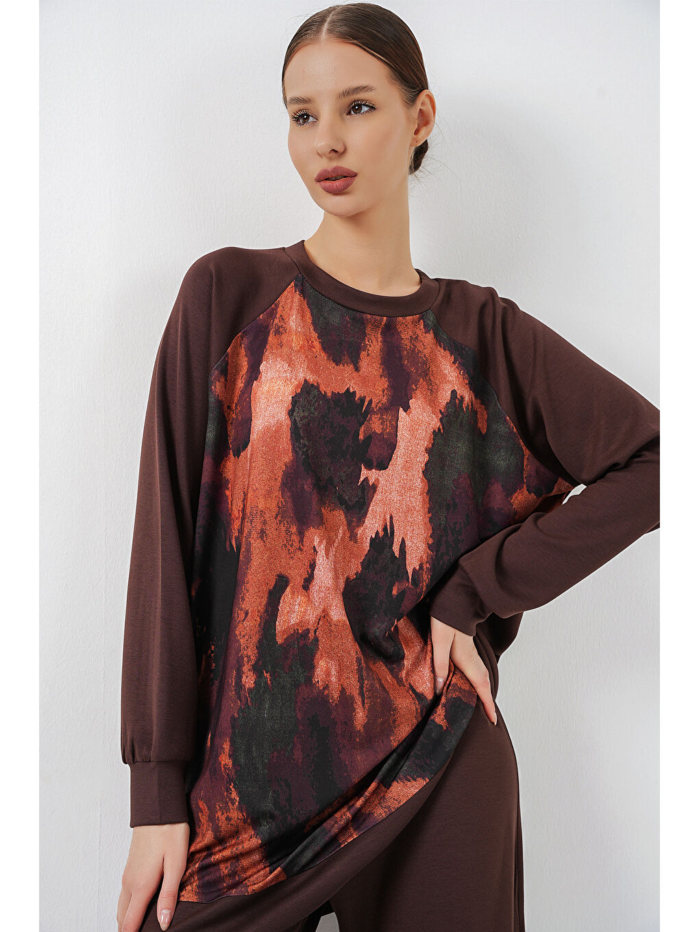 Kadın Desenli Oversize Tunik Pantolon İkili Takım 55462 - Kahverengi-1
