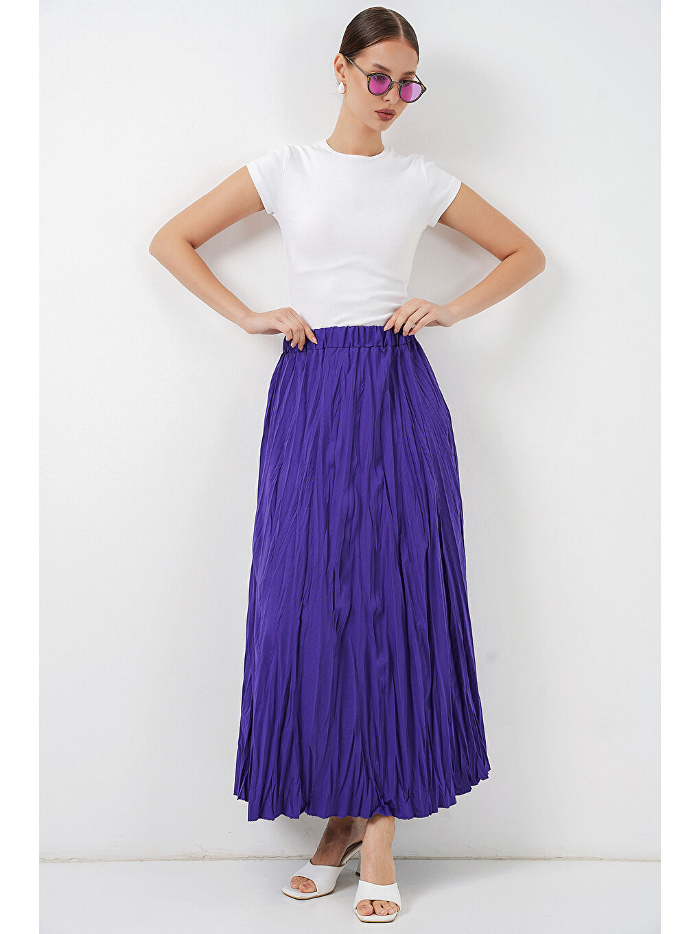 Kadın Uzun Kırışık Etek 8042 - Mor-4