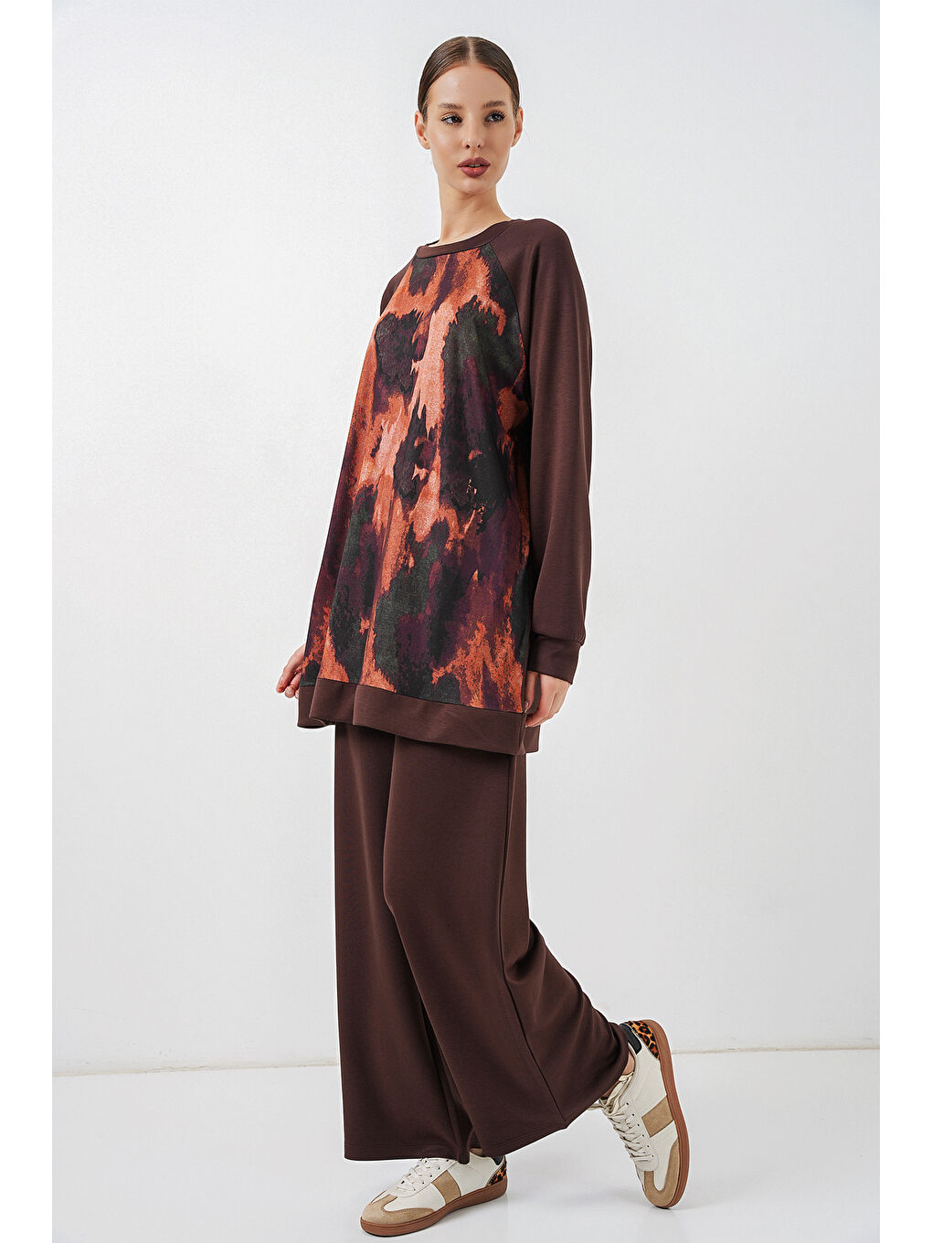 Kadın Desenli Oversize Tunik Pantolon İkili Takım 55462 - Kahverengi-2