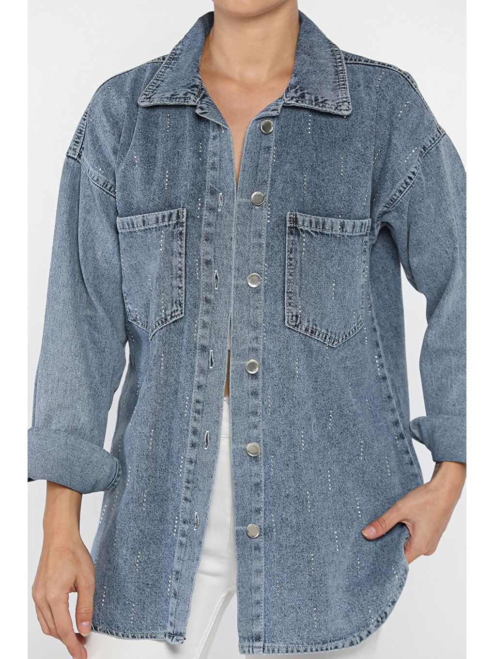 Mavi Kadın Çift Cepli Taş İşlemeli Jean Ceket-1