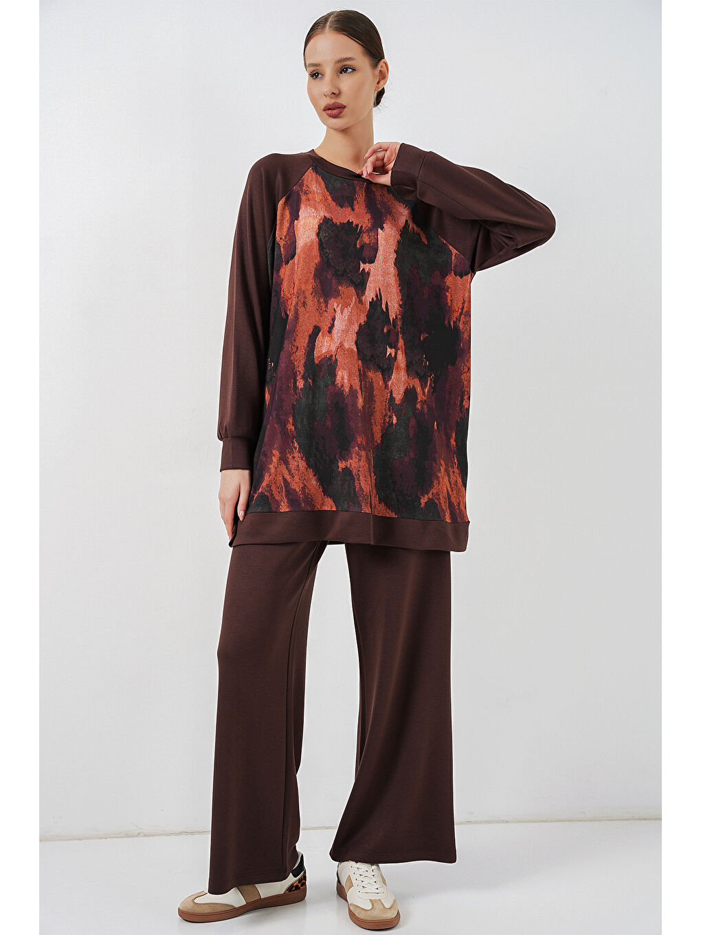 Kadın Desenli Oversize Tunik Pantolon İkili Takım 55462 - Kahverengi-3