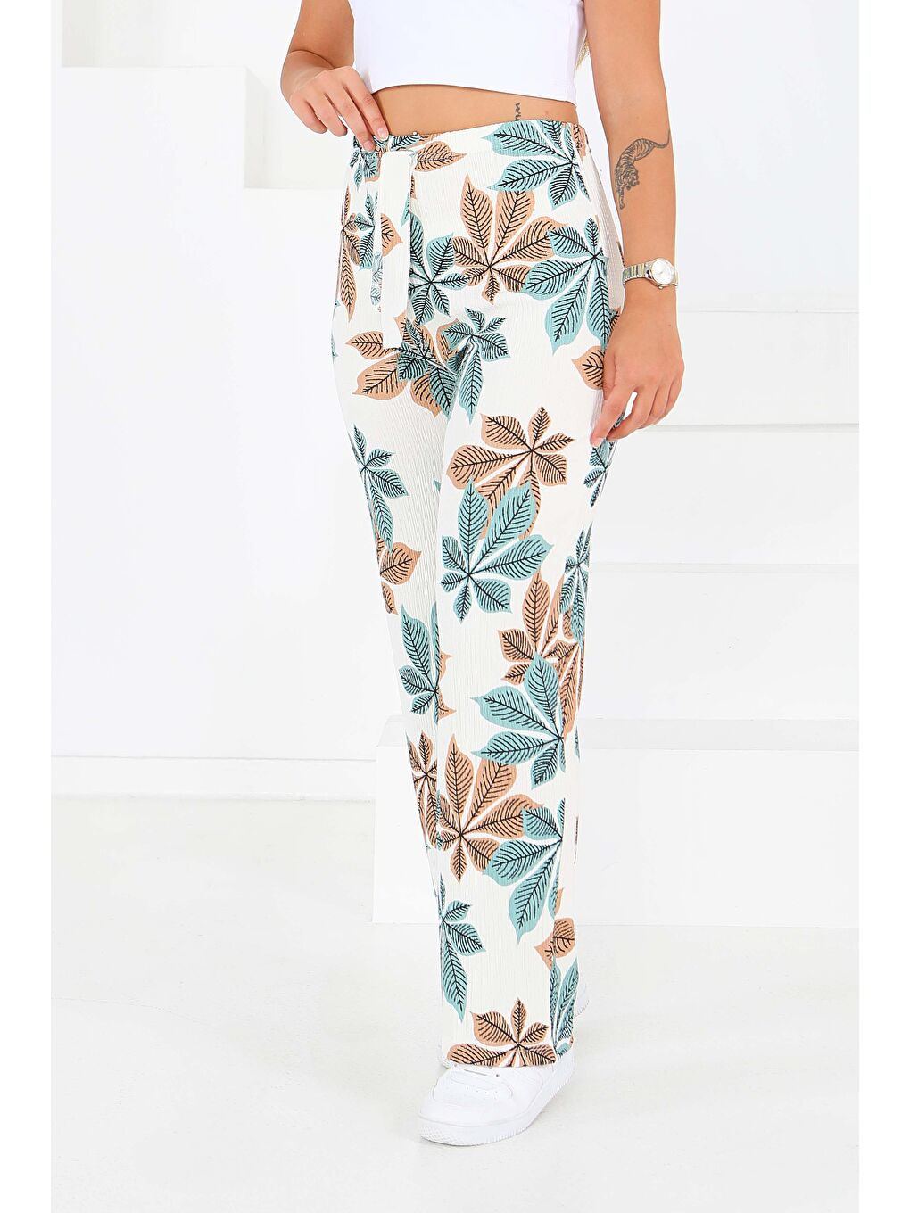 Yeşil Desenli Beli Lastikli Bürümcük Pantolon Mint - 27680-2