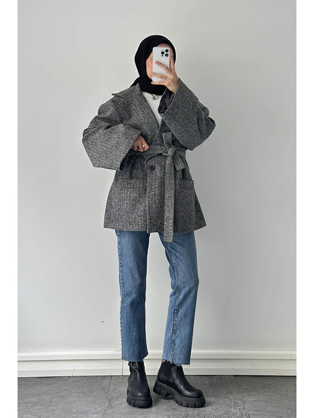 Balıksırtı Desen Kaşe Kaban Gri-1