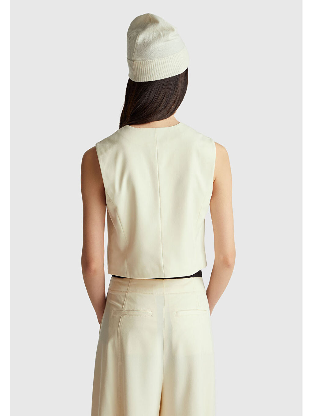 Kadın Ekru Viskoz ve Yün Karışımlı Düğmeli Yelek-2