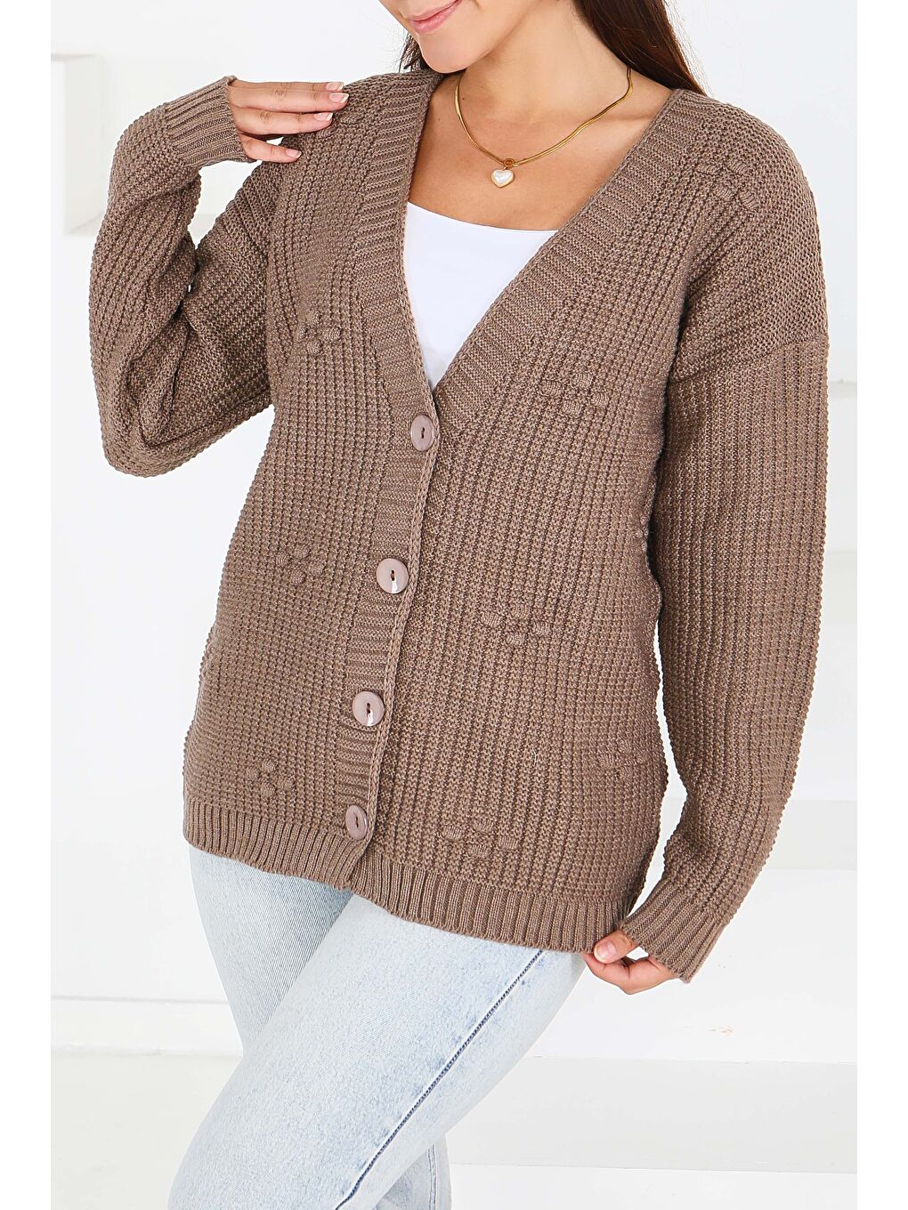 Bej Kabarcıklı Düğmeli Triko Hırka Vizon - 27658