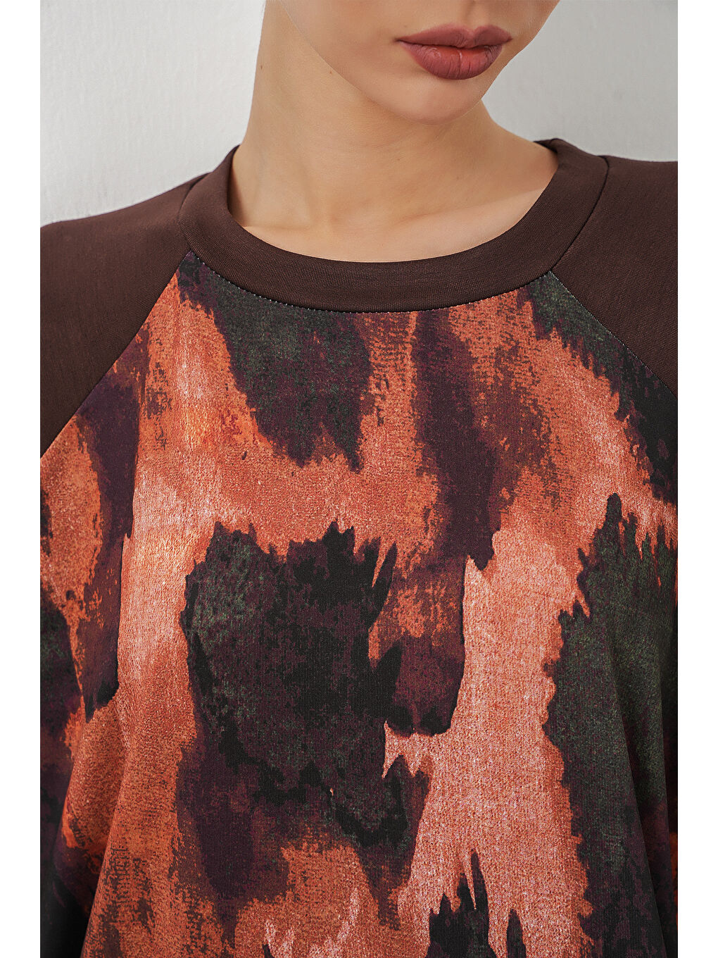 Kadın Desenli Oversize Tunik Pantolon İkili Takım 55462 - Kahverengi-4