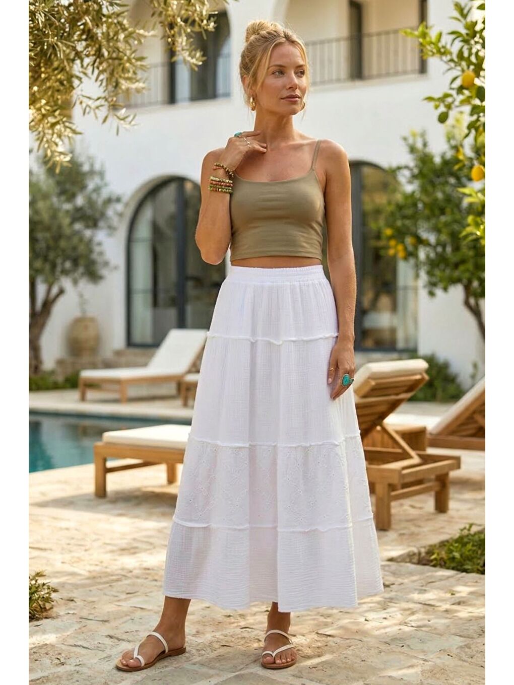 Beyaz Eteği Fırfırlı Fistolu Kat Kat Casual Müslin Standart Dokuma Etek 94 65-2