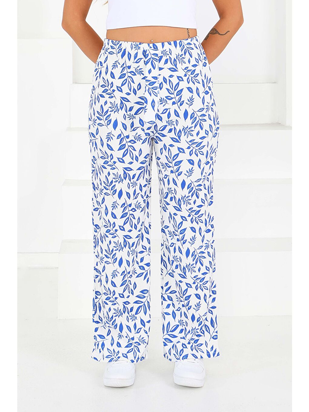 Mavi Desenli Beli Lastikli Bürümcük Pantolon Saks - 27678-1