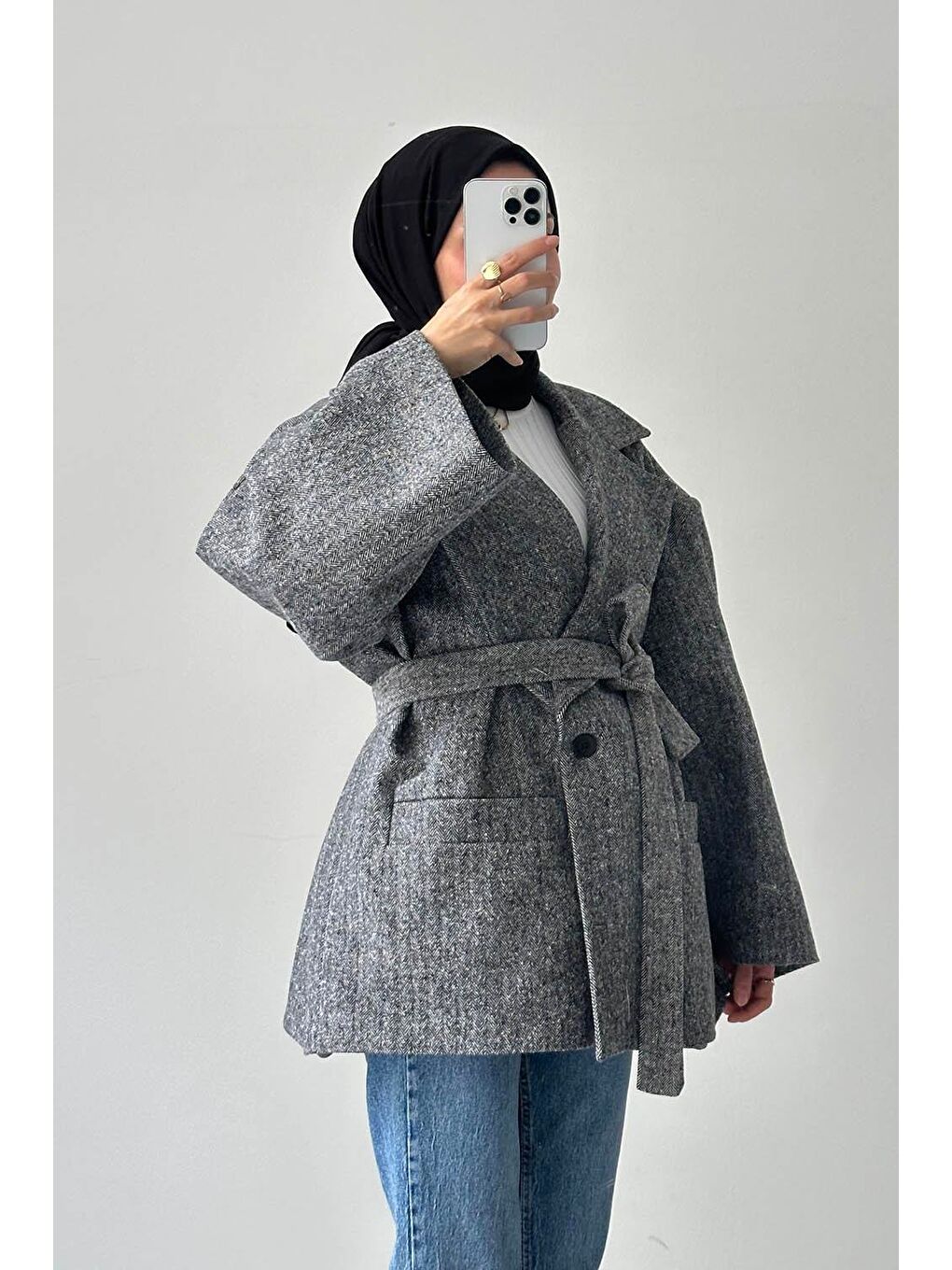 Balıksırtı Desen Kaşe Kaban Gri-2