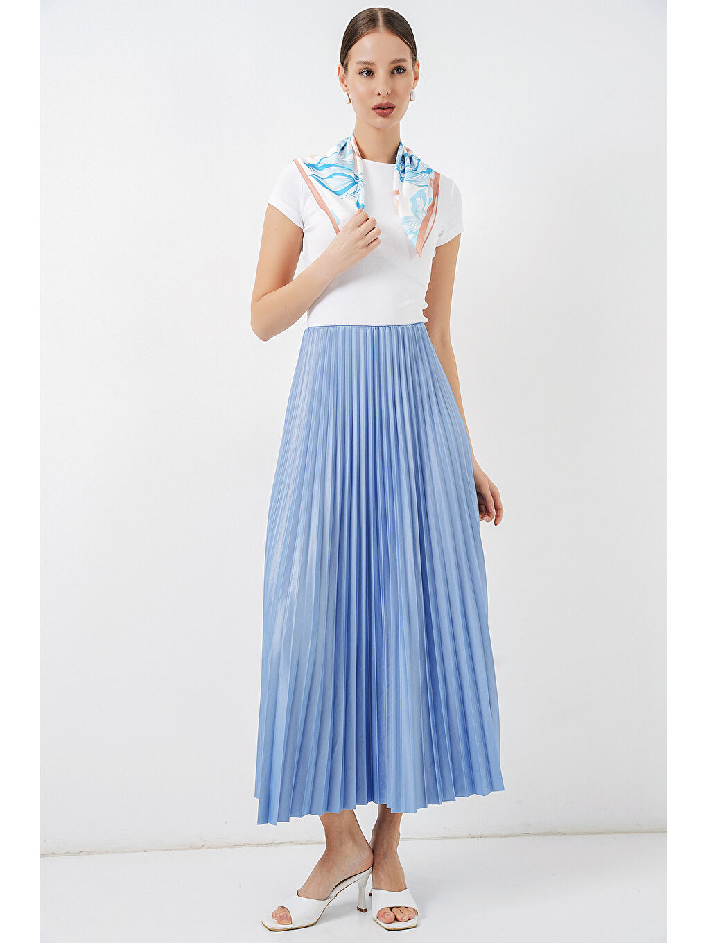 8009 Deri Görünümlü Piliseli Etek - Mavi-2