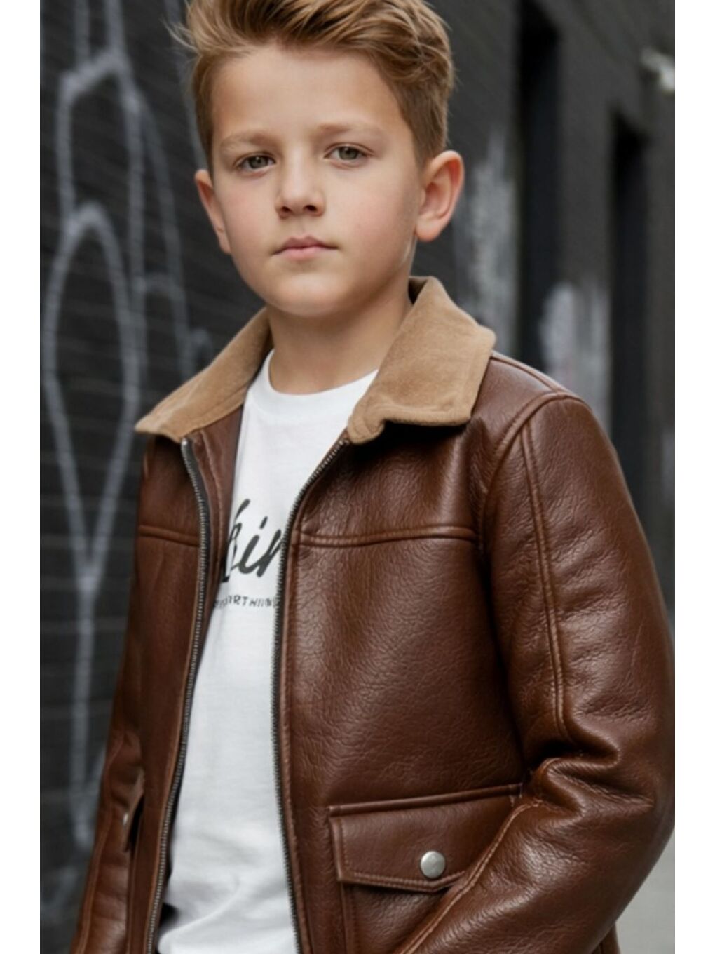 Kahverengi Erkek Çocuk Deri Ceketli Jean Pantolonlu Penyeli ÜçlüTakım-1