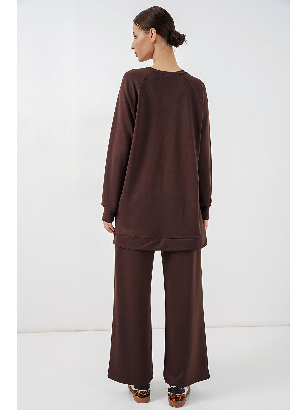 Kadın Desenli Oversize Tunik Pantolon İkili Takım 55462 - Kahverengi-5
