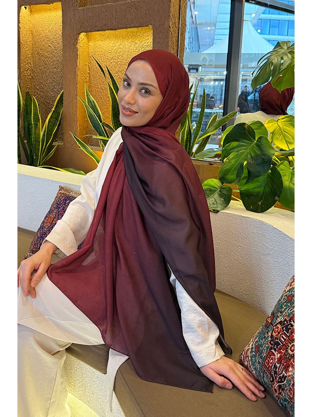 Degrade Desen Soft Şal Bordo-1