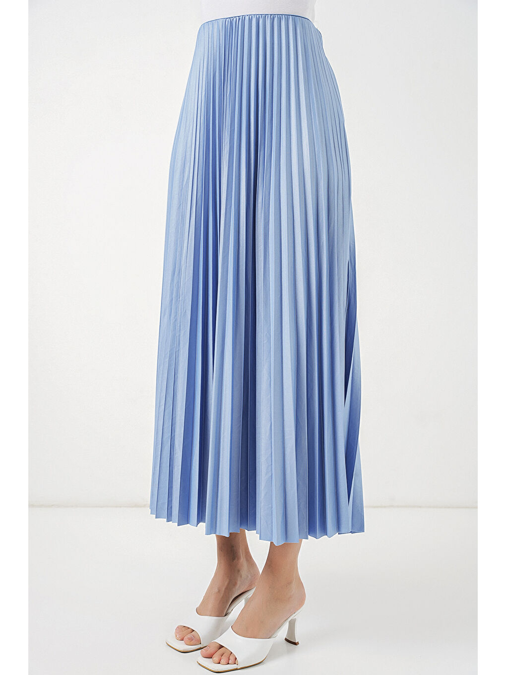 8009 Deri Görünümlü Piliseli Etek - Mavi-3