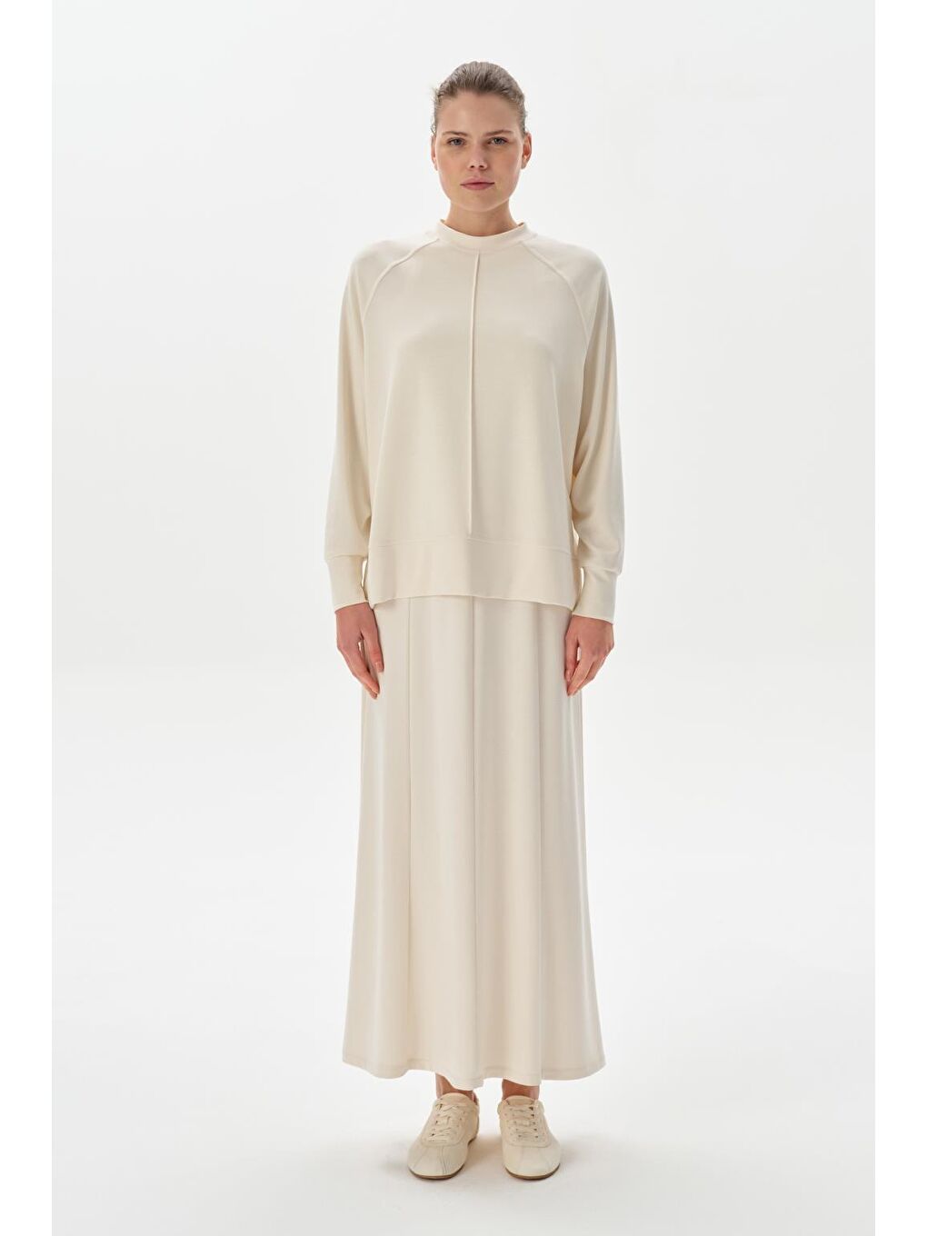 Modal Örme Balık Etek Bluz Takım Ekru