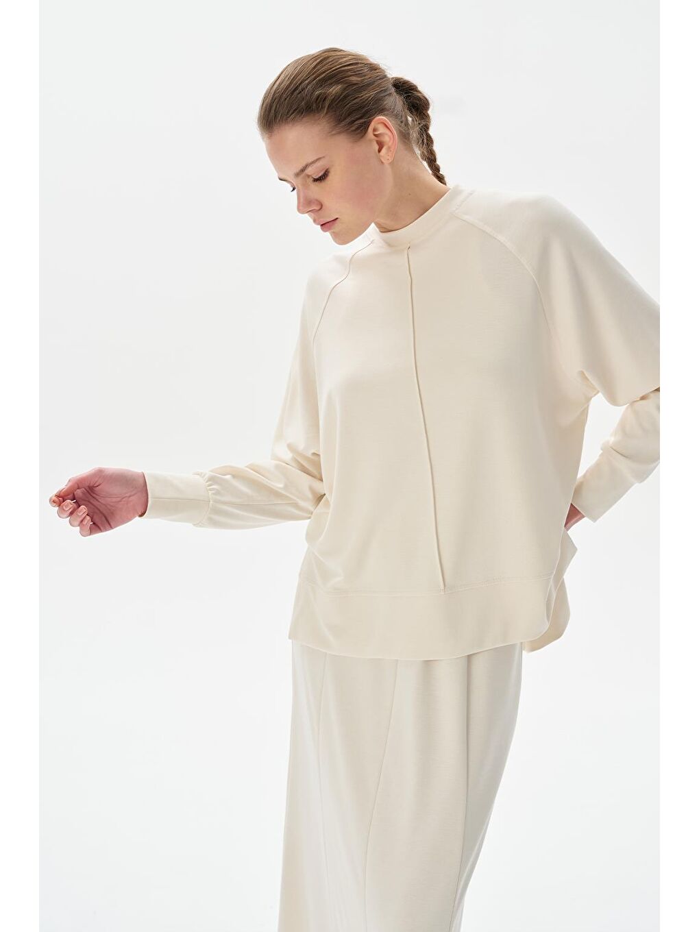 Modal Örme Balık Etek Bluz Takım Ekru-1