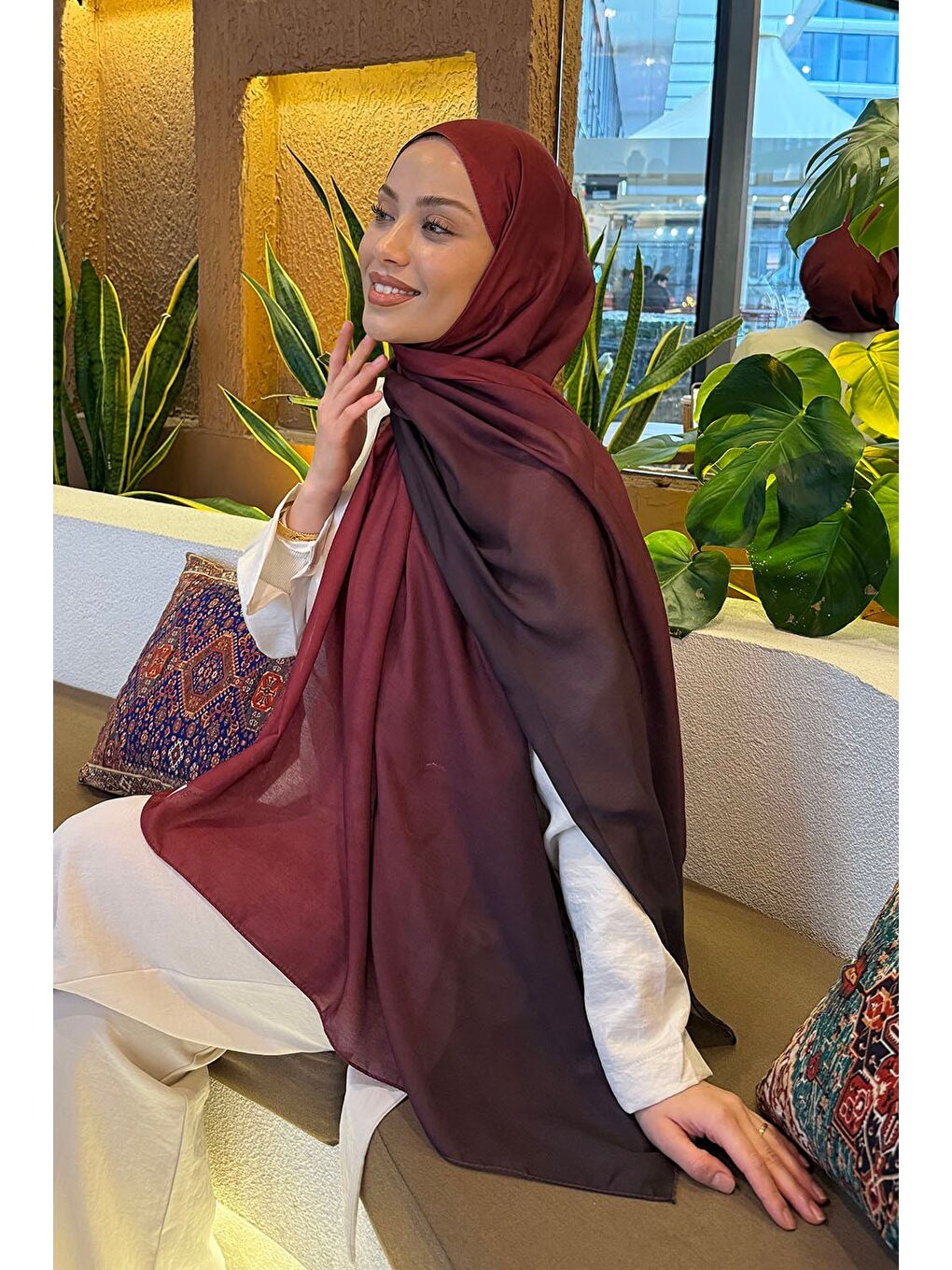 Degrade Desen Soft Şal Bordo-2