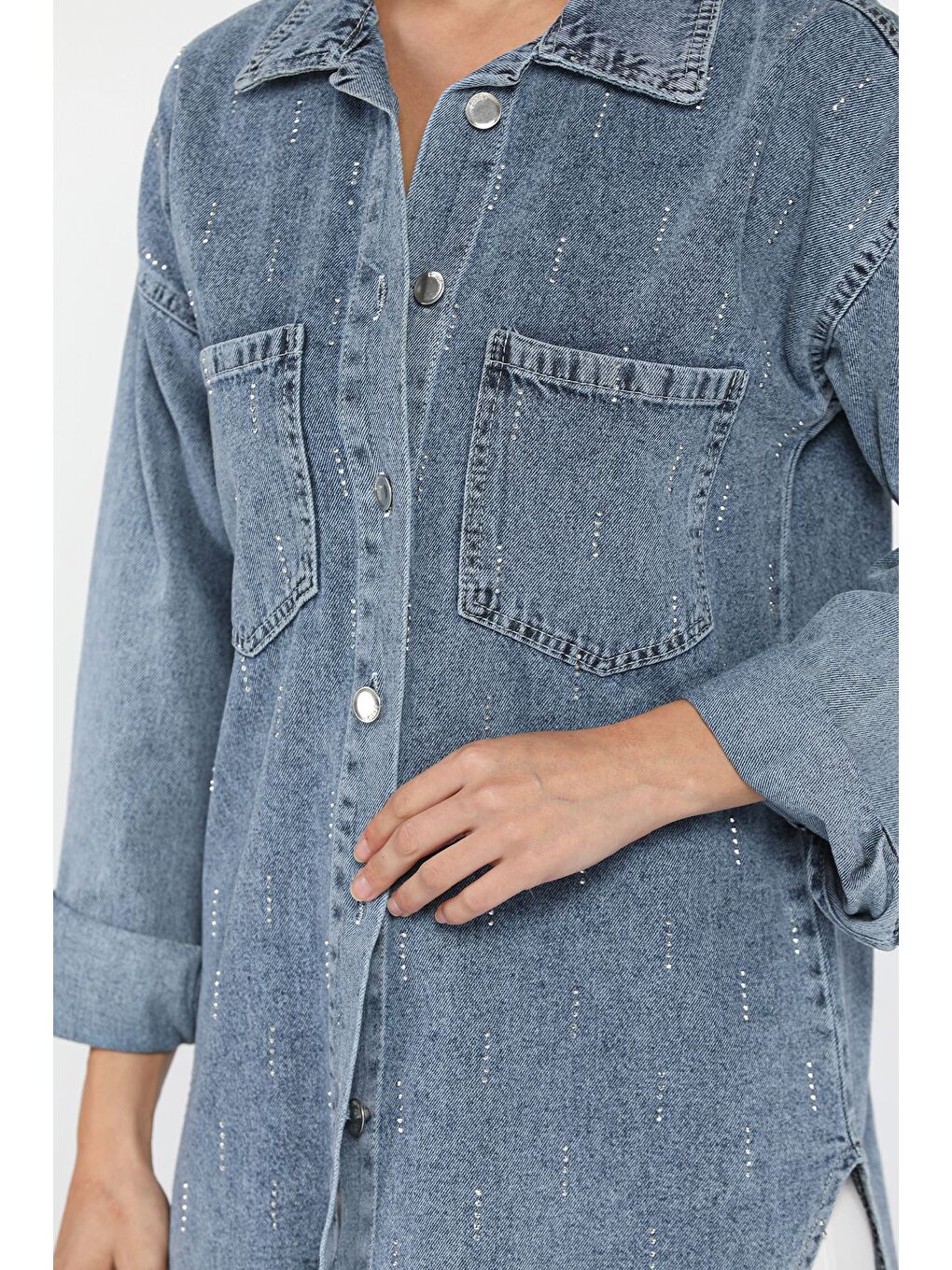 Mavi Kadın Çift Cepli Taş İşlemeli Jean Ceket-3