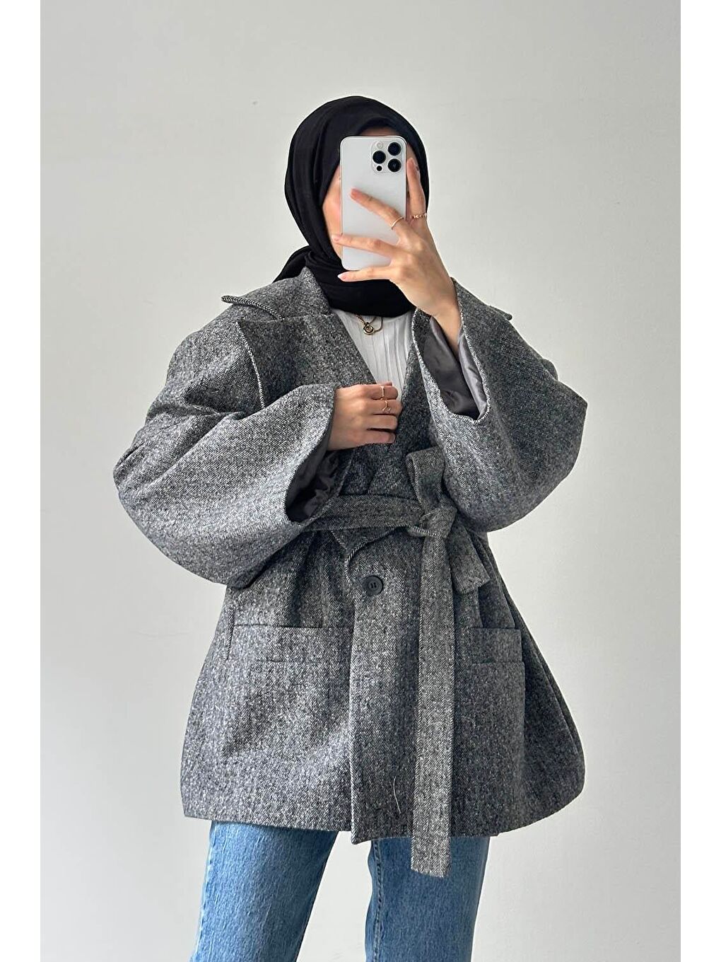 Balıksırtı Desen Kaşe Kaban Gri-3