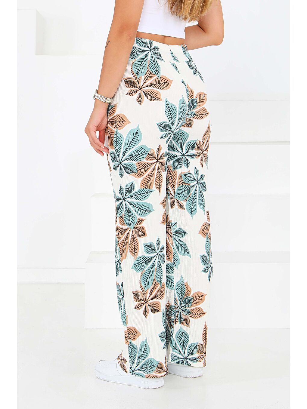 Yeşil Desenli Beli Lastikli Bürümcük Pantolon Mint - 27680-3