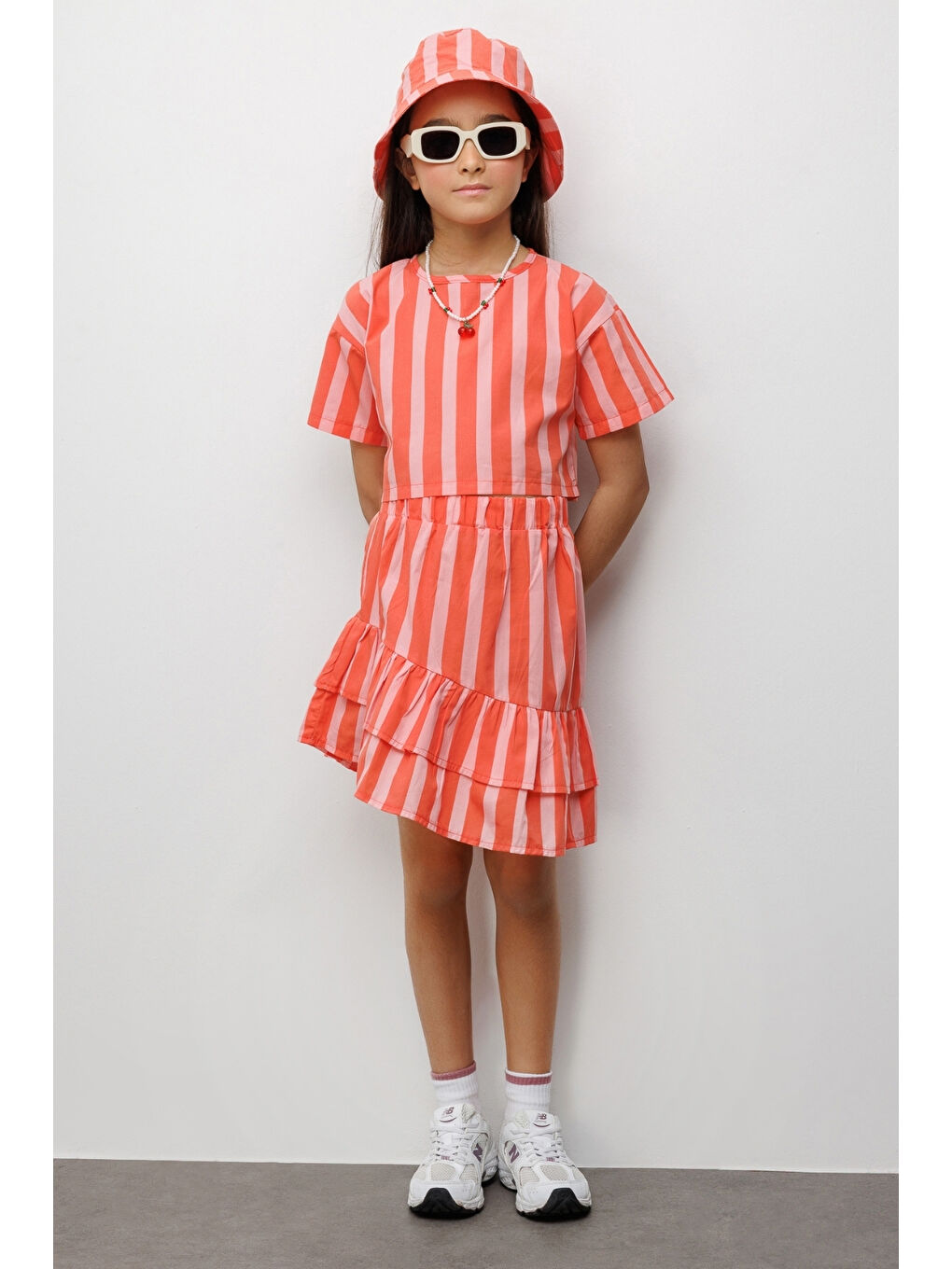 Turuncu Çizgili Kız Çocuk Crop Etek İkili Takım - Cora