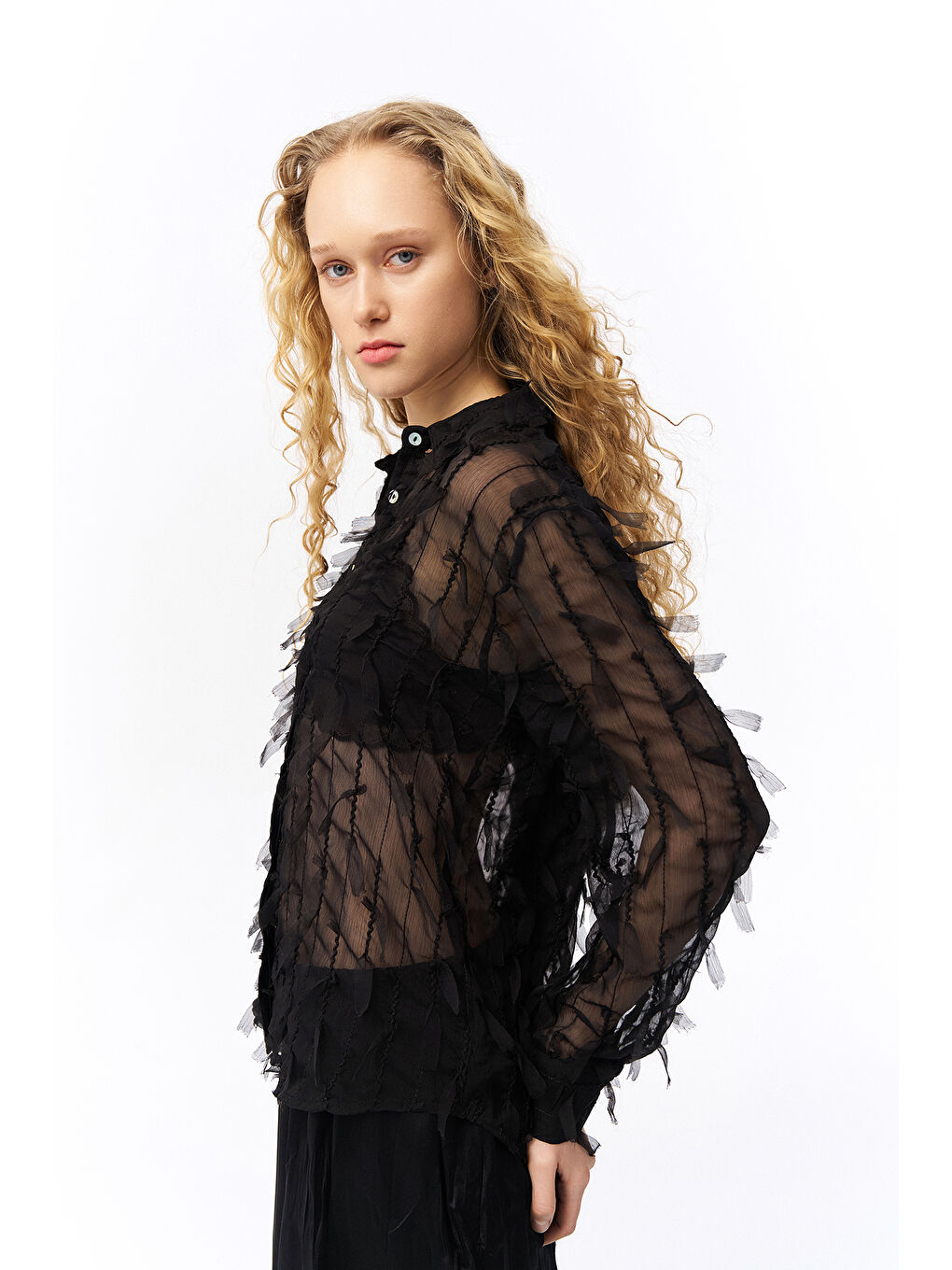 Tüy Detaylı Şifon Gömlek Siyah-2