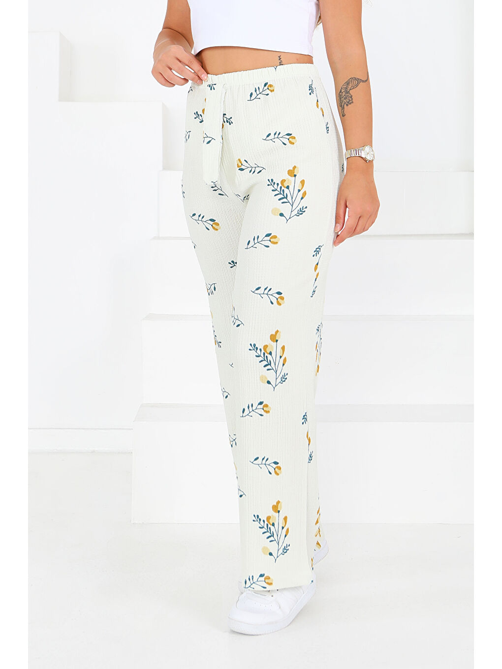 Desenli Beli Lastikli Bürümcük Pantolon Ekru - 27684-2