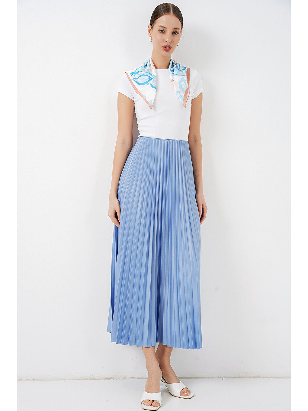 8009 Deri Görünümlü Piliseli Etek - Mavi-4