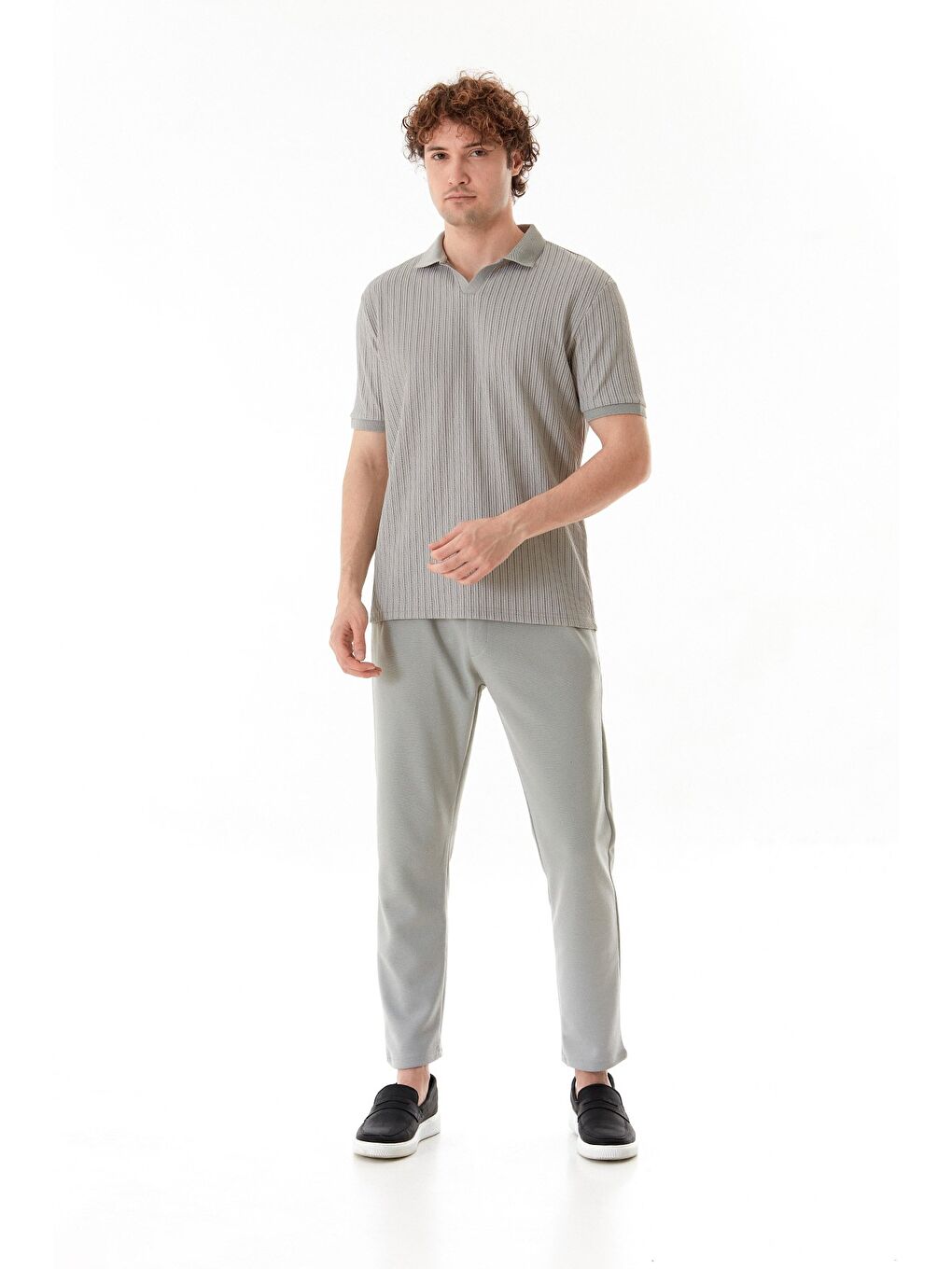 Gri Jakarlı Polo Yaka Tişört-1